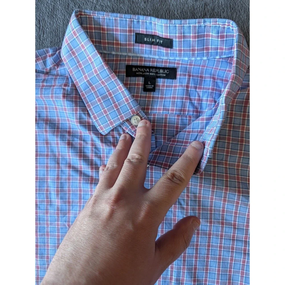 Banana Republic Mens Slim Fit Non-Iron Cotton Plaid Dress Shirt Blue Red Large